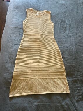 Maje Beige Striped Knit Sleeveless Midi Dress